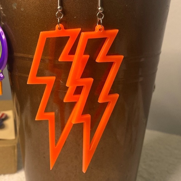 Neon Orange Lightning Bolt Earrings - Picture 3 of 3